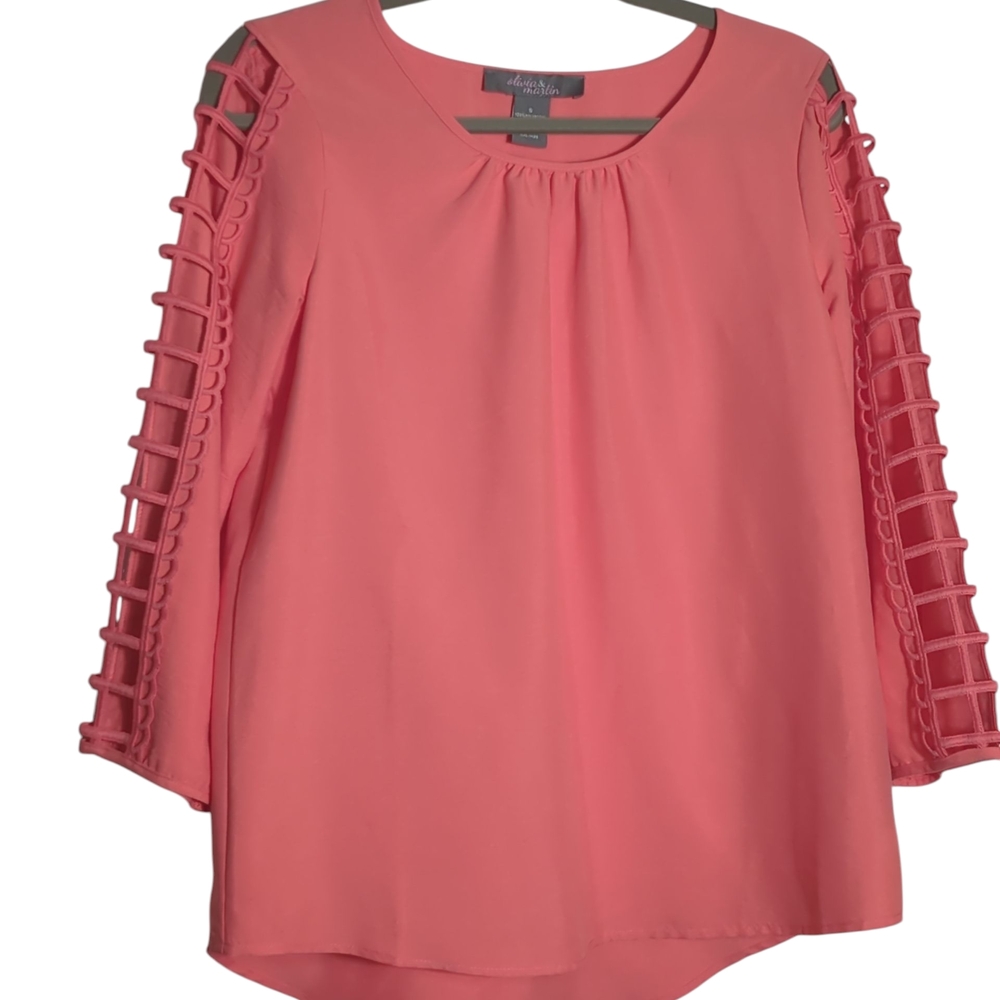 Olivia And Martin Small Coral Blouse with 3/4 Lattice Sleeves Business Casual